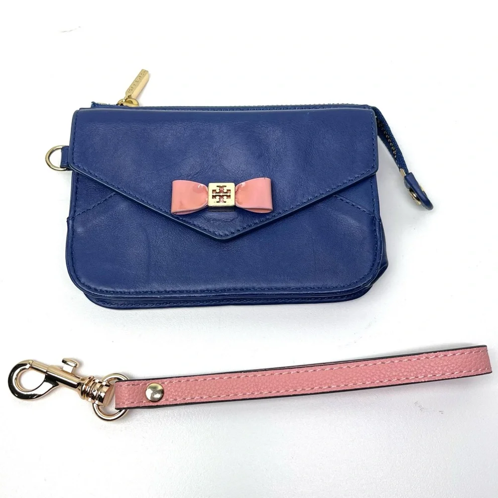 Tory Burch Navy Blue Pink Smooth Leather Wristlet/Wallet
